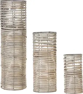 Set of 3 Lanterns Beliani Rovare in Light Wood — Decorative Candle Lanterns