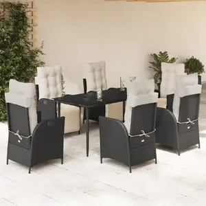 VidaXL 7 daļu terases ēdamistabas komplekts ar spilveniem, melns polirotangs, modelis 3213382