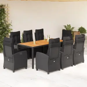 VidaXL 9-daļu āra mēbeļu komplekts ar spilveniem, melns PE rattan