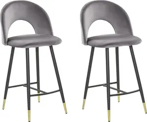 Bar Stool Set Beliani FALTON – 2-piece, Grey Velvet Upholstery, High Back, Metal Legs