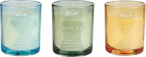 Scented Soy Candle Set Beliani SHEER JOY — 3 fragrances: Sea, White Tea, Summer Meadow
