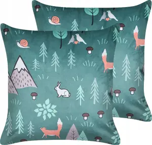Decorative Children's Velvet Cushion Set Beliani FOOTHILL — 2 pcs, 45 x 45 cm, mint, forest motif