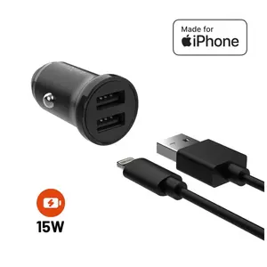 Car charger FIXED Dual USB 15W with 1 m USB-to-Lightning cable, black