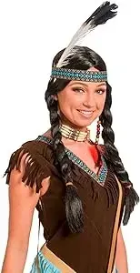 Wig Nenurodyta Folat 26822 Indian Wig with Braids and Feather, Black, One Size