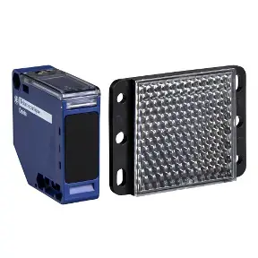 Fotoelektriskais sensors APC XUK1ARCNL2H61 — zils plastmasas korpuss, darbības attālums 0–7 m, 24–240 V AC ieeja, 250 V izvade, 50×50×18 mm