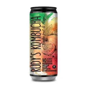 Dzēriens Rudy's Kombucha Mango & Mārakujas, bundža 0,33 l (DEP)