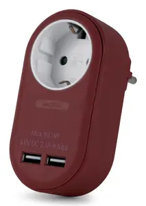 Power adapter ENTAC EPAG-1EE-2USB-BR — 1 grounded Type F socket + 2 USB (2.1A total), Burgundy, 72.5×56×108 mm