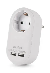 Сетевой адаптер ENTAC EPAG-1EE-2USB-W — 1 заземлённая розетка Type F + 2 USB (2.1A), белый, 72.5×56×108 мм