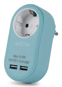 Сетевой адаптер ENTAC EPAG-1EE-2USB-B — 1 заземл. розетка Type F + 2 USB (всего 2,1A), синий, прямой штекер