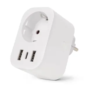 Smart Single Socket Adapter ENTAC ES-SSAUSB-WIBLE — 1x Type-F, 2x USB-A, 1x USB-C 2.4A, 16A, 220–240V, white