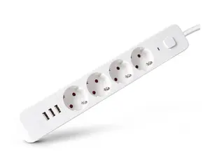 Удлинитель ENTAC D2 — 4 розетки Type F с выключателем, кабель 1,5 м, 3× USB A, 3680 Вт, белый