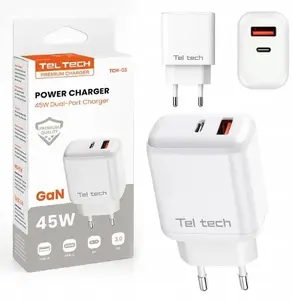 Lādētājs Teltech GaN USB + USB‑C 45W PD PPS balts TCH-03