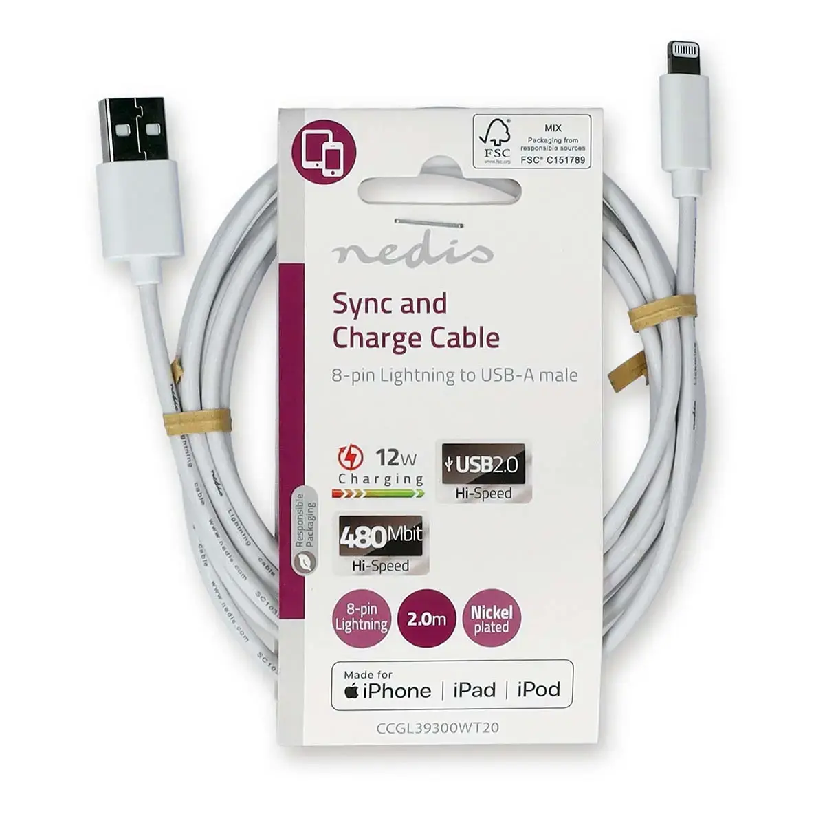 Nedis Lightning to USB-A cable CCGL39300WT20 Photo 3