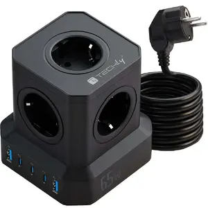 Charger TECHLY GaN Power Cube 65W 230V — 3× USB-C, 2× USB-A