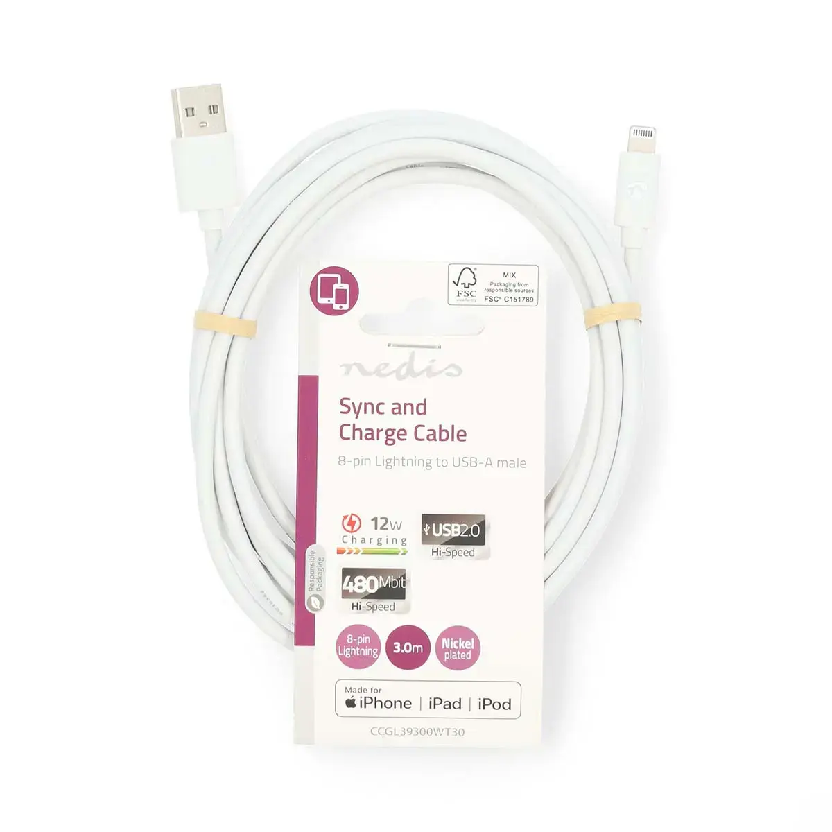 Lightning to USB A cable Nedis CCGL39300WT30 Photo 4