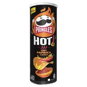 Pringles Hot fiery paprika 160 g — asās paprikas kartupeļu čipsi, tvertne
