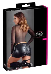 Mini skirt Cottelli Collection XL — black wetlook, 92% polyester 8% spandex, ruffled back