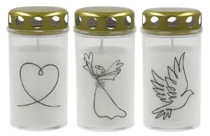 Candle with Lid Newill EE86100120 — White decorative grave candle, approx. 40 h burn time, with ornament