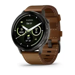 Viedpulkstenis GARMIN Venu 4 45 mm (1,4") AMOLED 454×454 px, Wi‑Fi, GPS, 8 GB, melns korpuss, brūns ādas siksniņa