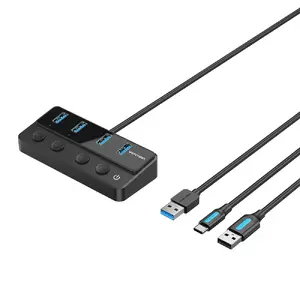 Хаб USB 3.0 Vention CHWBF — 4× USB-A + 1× USB-C, отдельные выключатели, кабель 1 м, 5 Гбит/с, 5 В/3 А, чёрный