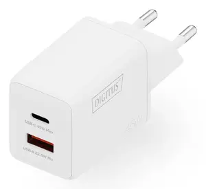 Wall Charger DIGITUS USB GaN 45W — 1× USB-C, 1× USB-A, Input 100–240V, White