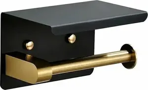 Toilet Paper Holder with Phone Shelf Aptel AG887A — bathroom accessory, black and gold finish