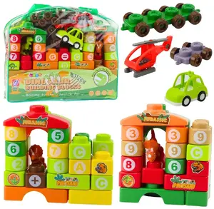 Educational Construction Blocks in Bag LEANToys — 91 pieces, dinosaurs, numbers and letters