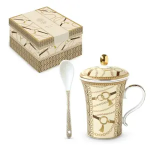 Tea cup set POZZI MILANO IT40PM0139LCBE — porcelain 300 ml with infuser, lid and spoon, beige, gift box