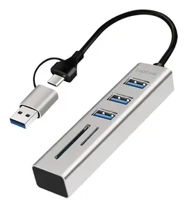 USB 3.0 хаб LOGILINK UA0445 — 4× USB-A 5 Гбит/с, 2-в-1 кабель Type-A/Type-C, алюминий, серый