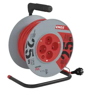 Strāvas aizsargierīce EMOS P194252 ar 4 Type F kontaktligzdām, 230 V, 25 m kabelis, pelēki/sarkans