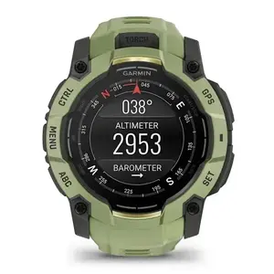 Viedpulkstenis GARMIN Instinct 3 AMOLED 50 mm (1,3") 416×416 px skārienekrāns, 4 GB, GPS, silikona siksniņa (zaļa/pelēka)