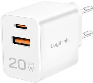 Wall Charger LOGILINK PA0369 USB GaN 20W 1x USB-C (PD) 1x USB-A White