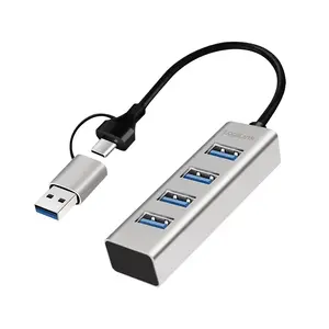 LogiLink USB 3.0 хаб 4x USB-A 5 Гбит/с с 2‑в‑1 кабелем Type‑A/Type‑C, серебристый (алюминиевый корпус)