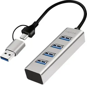 LogiLink USB 3.0 hub 4x USB-A 5 Gbit/s with 2-in-1 Type-A/Type-C cable, silver (aluminium housing)