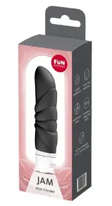 Mini vibrators Fun Factory Jam Black — uz AA bateriju, ūdensizturīgs, 12.3×2.8×2.7 cm, silikons/ABS