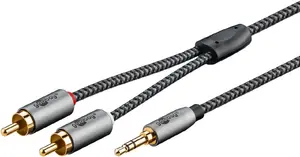 Audio kabelis Goobay 65285 3,5 mm vīrietis — 2×RCA vīrietis, 1 m, vara serdes, zelta pārklājuma kontakti, magnētiski aizsargāts (melns/plikšs)