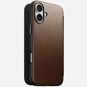 Folio phone case Nomad NM01681885 for iPhone 16 Plus, 6.7" screen, brown, leather with TPU/PC core, 3 card pockets, desktop stand