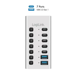 USB hubs LOGILINK UA0447 — 7 porti USB 3.2 Gen1 (USB-A un USB-C), ieslēgšanas/izslēgšanas poga