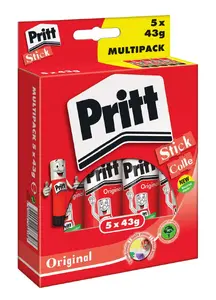 Glue stick Pritt 1445029, multipack 5 × 43 g, solvent-free, for paper cardboard fabric