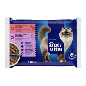 Влажный корм для кошек OptiVital OPTIVITAL Lamb and beef, полнорационный для взрослых, 4×85 г, влажность 82%, белок 8,5%