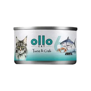 Влажный корм для кошек OLLO Тунец и Краб в бульоне 70 г — дополнительный корм для взрослых кошек, без сахара, без глютена