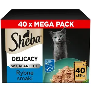 Mitrais kaķu barības Sheba Delicacy Fish Flavours in Jelly, 40×85 g kannas, pieaugušajiem, 11% olbaltumvielu, 78% mitruma