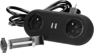 Mēbeļu kontaktligzda ORNO OR-AE-13197/B ar montāžas turētāju, 2x 2P+Z un 2x USB, kabelis 1,5 m (3x1,0 mm²) — melna