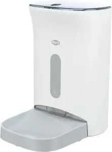 Automātiskā barotava/ūdens trauks Trixie TX8 2.0 — plastmasas korpuss, 4,5 L tvertne, porcijas 24 g, AC 100–240 V, pelēki/balta