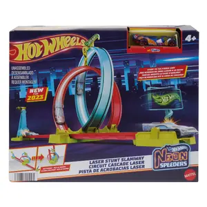 Hot Wheels Action Neon Speeders trase Laser Stunt Slamway ar 1 automašīnu plastmasas daudzkrāsains