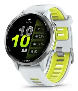 Viedpulkstenis IFIT ICON Forerunner 970 — 1,4" (3,56 cm) AMOLED 454×454, GPS, Wi‑Fi, titāna korpuss, silikona siksniņa (balta/dzeltena), 56 g