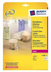 Printera etiķetes Avery Zweckform L7780-25, caurspīdīgs poliesters, lāzera drukai, 40×40 mm, 600 gab.