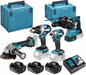 Набор электроинструментов Makita DLX4196JX1 — DDF489 шуруповерт, DGA504 болгарка, DTD173 гайковерт, DHR243 перфоратор, 18 В, 3×5,0 А·ч, 2×MP зарядных