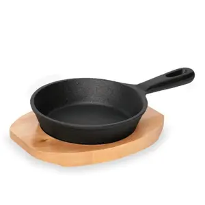 WAS iron dining serving pan D13 cm H3.5 cm with trivet cast iron and wood