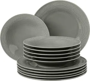Dinnerware set for 6 persons, Tragar — grey porcelain service (plates, bowls, cups) for 6